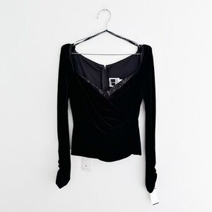 Vintage Tadashi Black Velvet & Lace Draped Long Sleeve Top NWT
